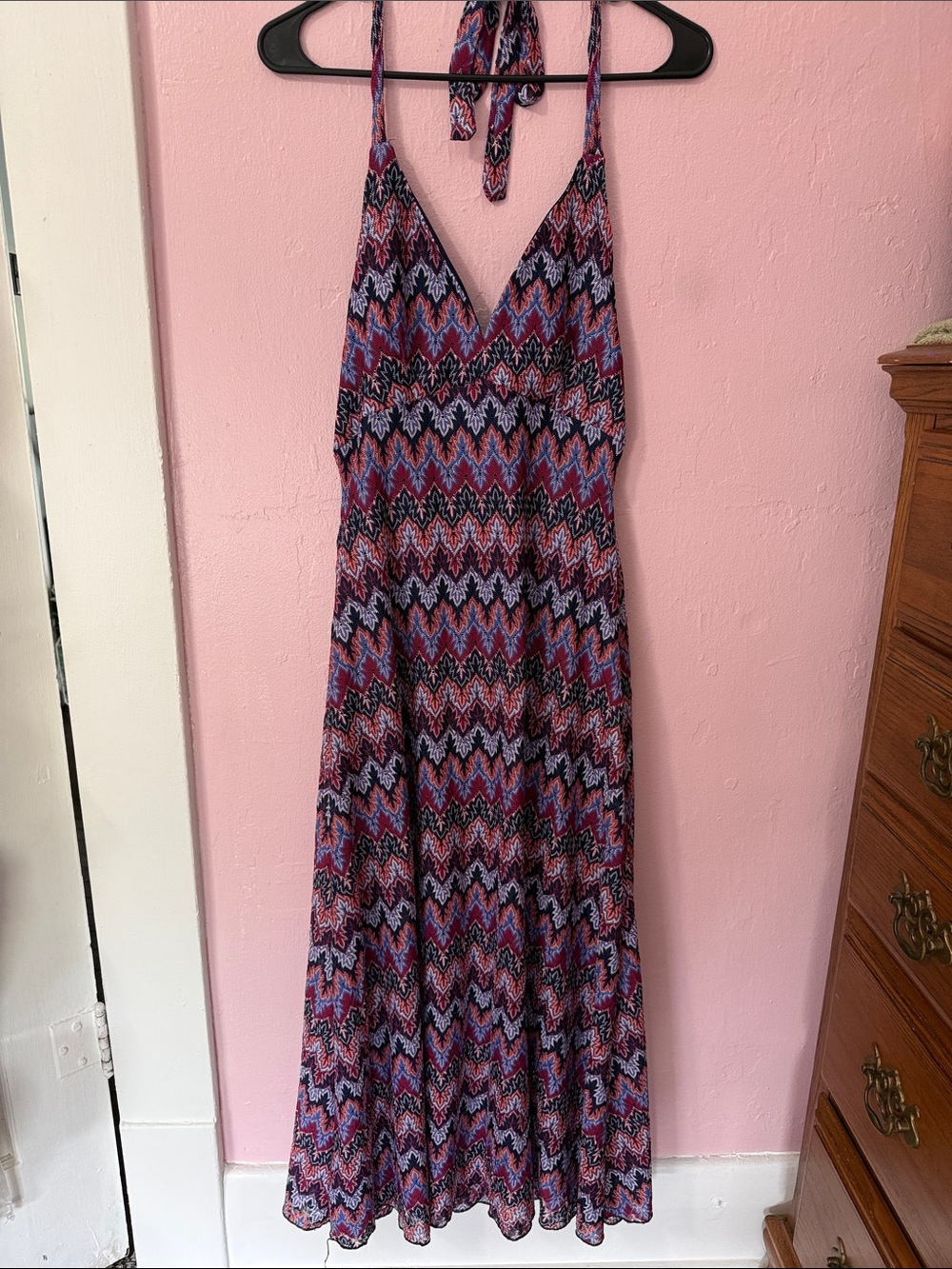 No Comment Halter Tie Backless Pink & Purple Zigzag Maxi Dress